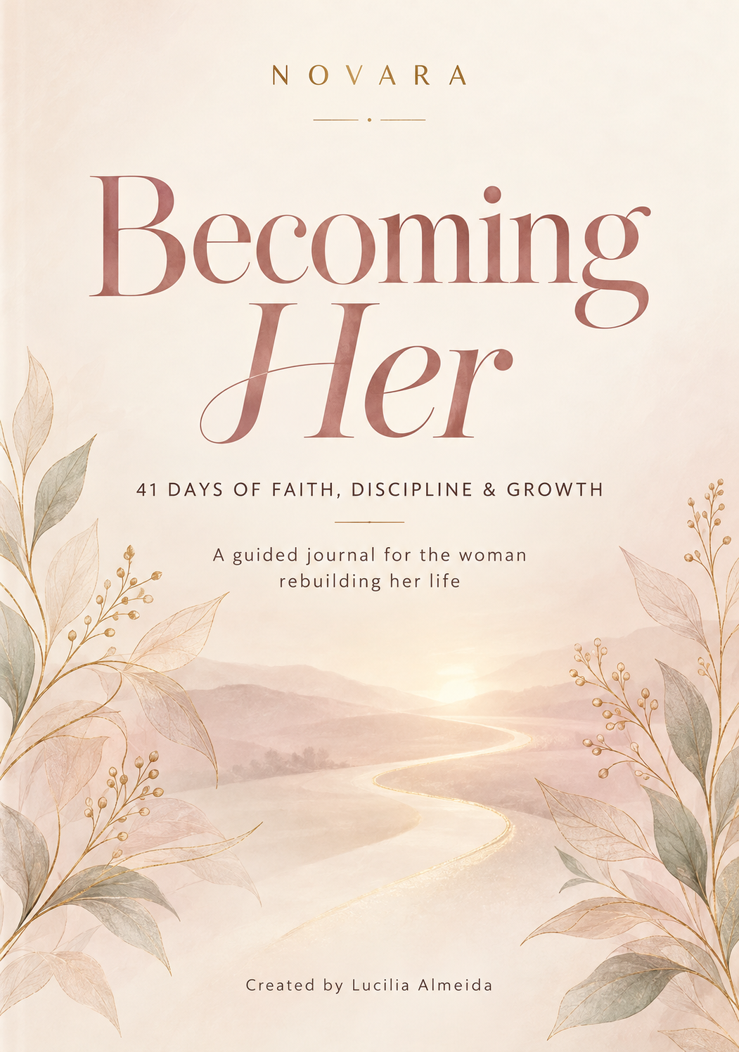 Novara Becoming Her journal cover with dusty rose lettering, delicate botanicals and a golden path toward sunrise